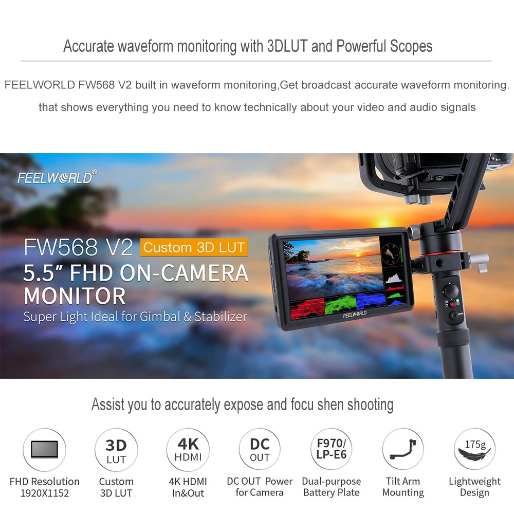 FEELWORLD FW568 V2 5.5 Inch 3D LUT DSLR Camera Field Monitor IPS Full HD1920x1152 Support HDMI Output With Tilt Arm Touch Screen