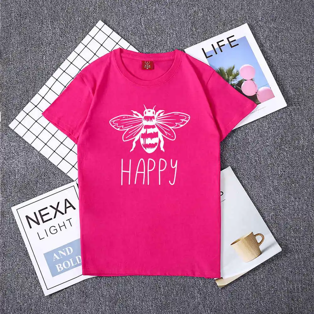 rose red Высококачественная женская футболка с принтом Happy Bees, хлопковые повседневные футболки, большие размеры 190 кг, женские топы с короткими рукавами, 16 цветов - Цвет: rose red