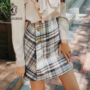 

Dabuwawa Spring Autumn Vintage Plaid Skirt for Girls Office Lady Women New Grey High Waist Button A-Line Skirts Female D18DSK014