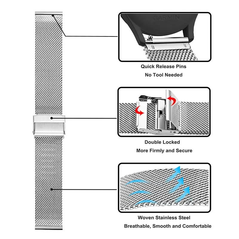 Миланский ремешок для часов из нержавеющей стали для Garmin Vivomove HR/Vivoactive 3/Forerunner 645/245 Music быстросъемный ремешок для часов