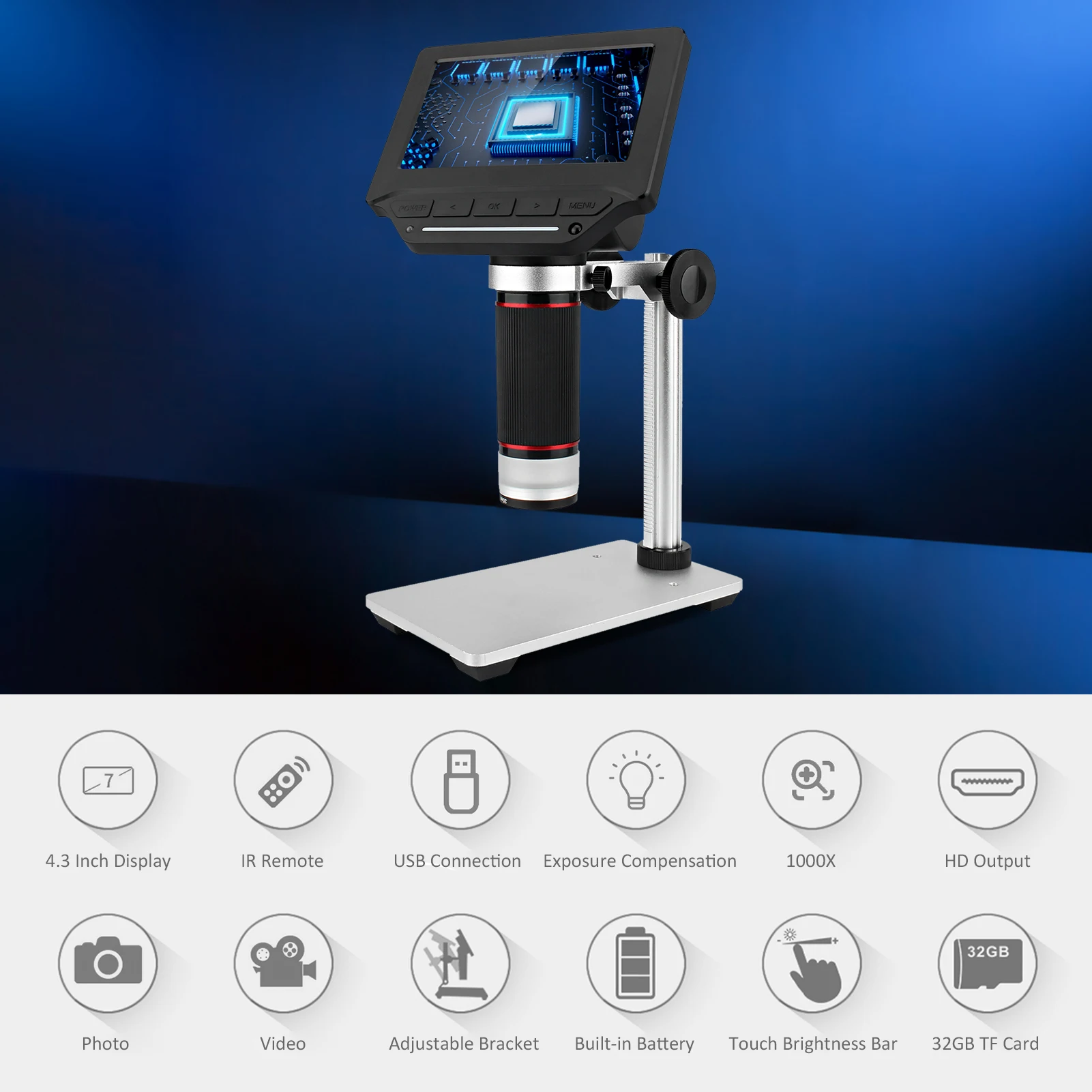 4.3 inch LCD Video Microscope with 32GB TF Card 1000X Microscope and