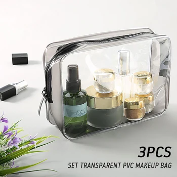 

3Pcs Clear Cosmetic Makeup Bags Set Waterproof PVC Travel Luggage Pouch Airport Airline Vacation Organization for New Year