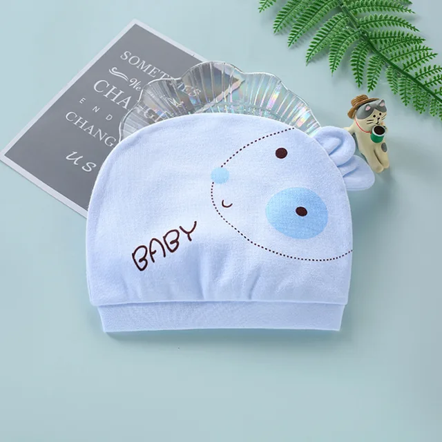 Four Seasons Kids Newborn Baby Hats 100% Cotton Cap 40 Color Cartoon Cute Printed Hat Suitable for 0-12 Months Baby Accessories Bunny blue