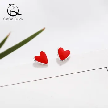 

New Temperament Beautiful Red Epoxy 925 Sterling Silver Fashion Jewelry Simple Love Heart Shaped Stud Earrings E234