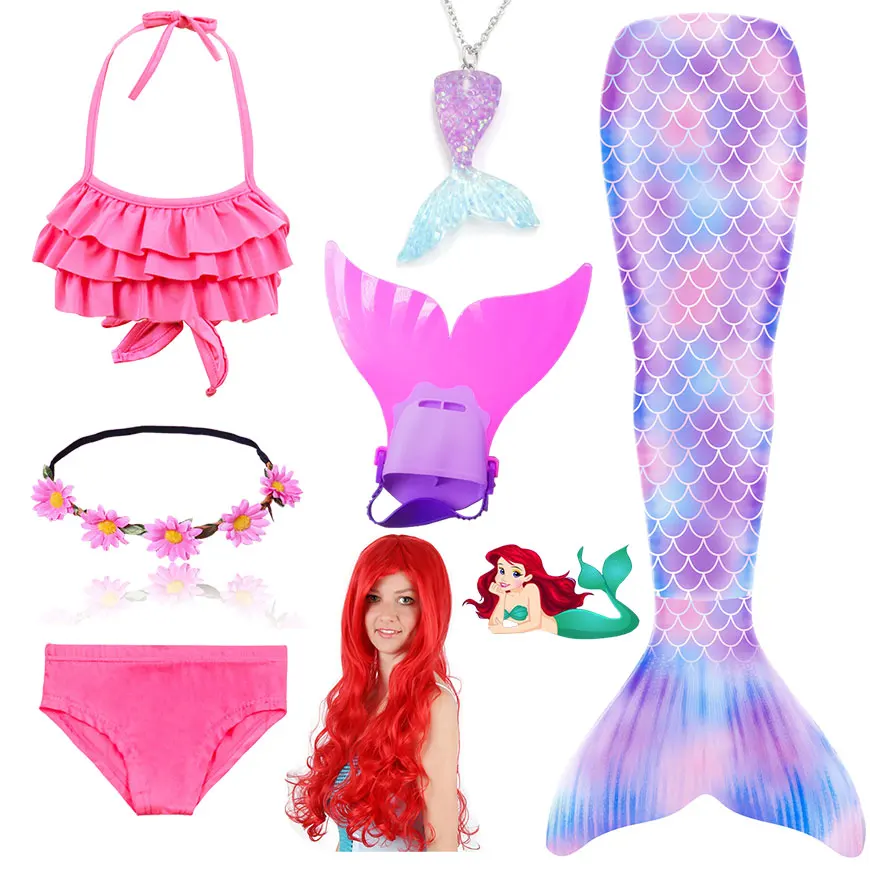 Женский детский костюм «русалка Ариэль», купальный костюм- купальник-бикини, хвост, парик, моноласт, для девочек
