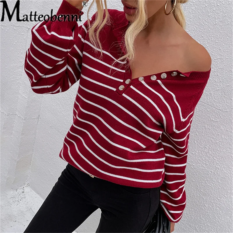 

Sweaters Women Autumn Winter Striped Print Button V-Neck Long Lantern Sleeve Pullovers 2021 Ladies Casual Loose knitting Tops