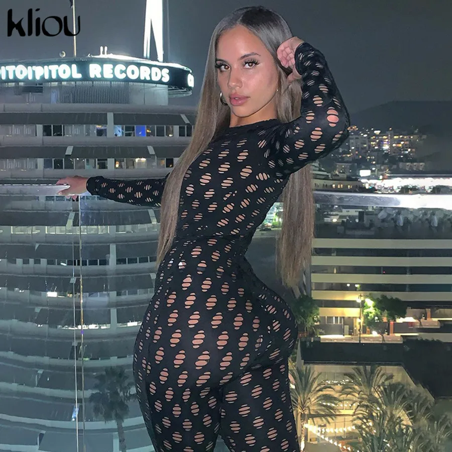 Kliou See Through Hollow Out Sexy Zipper Jumpsuit Women Turtleneck Net Plaid Hole Skinny Elastic Club Streetwear Rompers |
