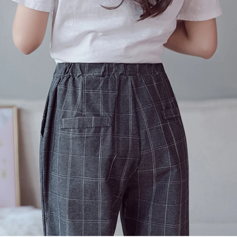 Plaid Pants Women Student Pants Fashion Younger Korean style Cropped Jeans Popular Harem Pants Loose Slim Casual Ninth pants