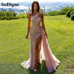 SoDigne Pink Sequin Mermaid Evening Dresses One Shoulder Glitter Tulle Side Split Long Prom Gowns Dubai Women Formal Dress