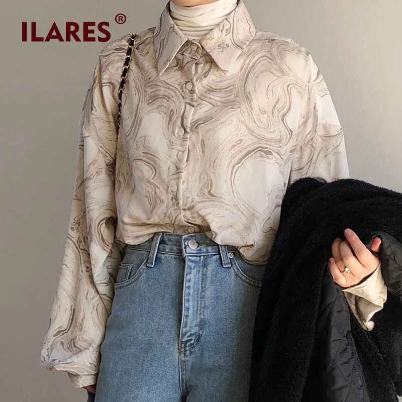  ILARES Blouse Women Womens tops and Blouses Plus size shirt vintage Loose chiffon Wild printing Lon