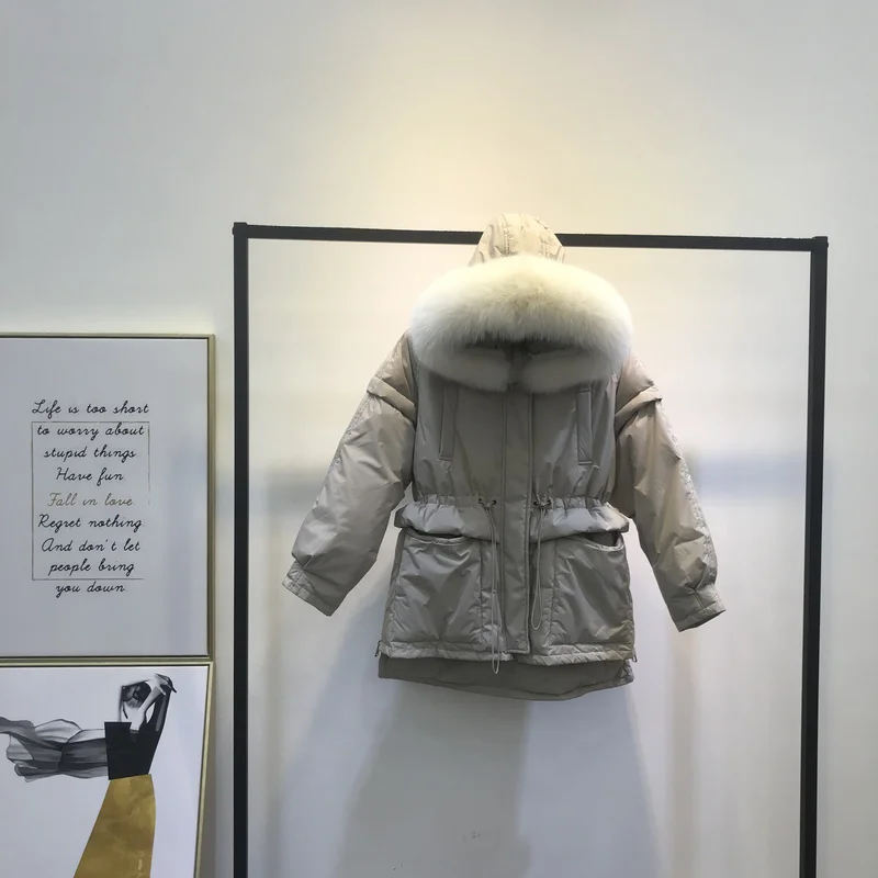 AYUNSUE зимняя куртка на утином пуху для женщин с капюшоном и лисьим меховым воротником пуховое пальто женские пуховики парки Femme KJ3342