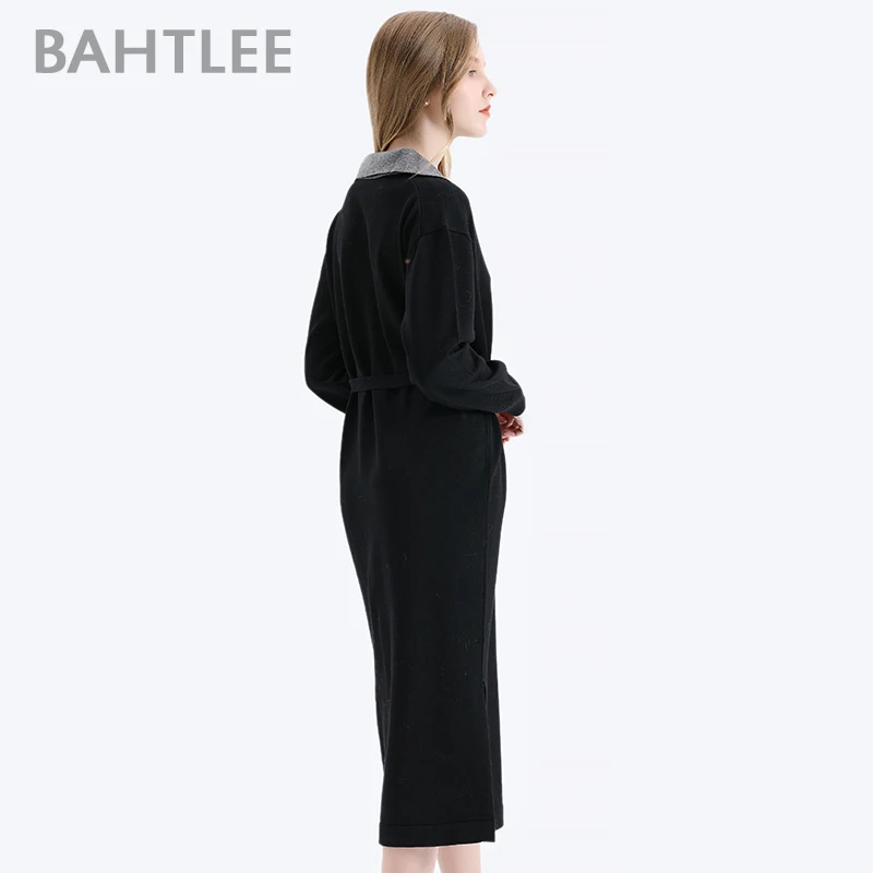 BAHTLEE женское платье длиной до лодыжки, Длинный пуловер с отложным воротником, свитер, весна-осень, шерстяной вязаный джемпер с длинными рукавами, свободный