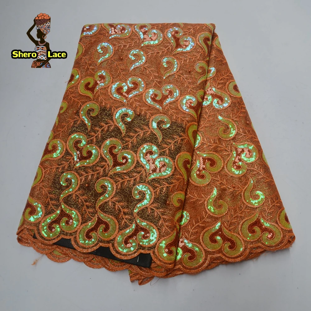 Orange color african organza lace fabric for nigeria party 2019 double with sequins | Дом и сад