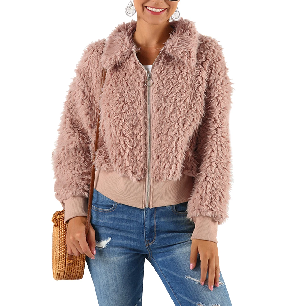 pink C Women's Plush Coat Autumn Winter Women Button Jacket Casual Warm Turndown Collar Fur Outwear Mid-Length Woolen Jackets - Цвет: pink C