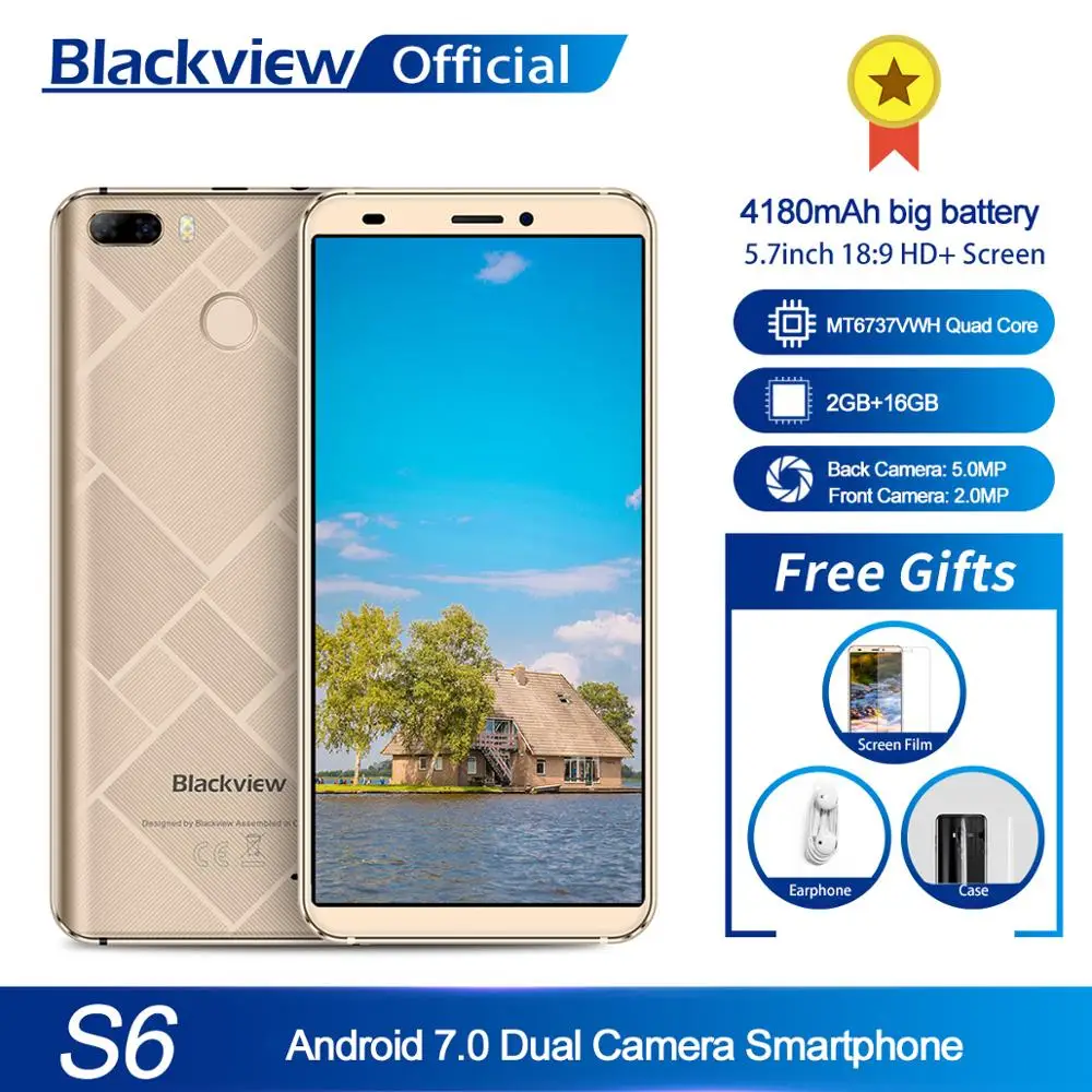 

Blackview S6 Cell Phone 4180mAh 5.7 inch HD+ Sceen mobile phone 2GB+16GB Quad Core Android 7.0 Dual Back Camera Smartphone