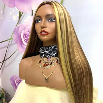 

Highlight Color Fiber Wigs with Middle Deep Part Silky Straight Hair Glueless Ombre Synthetic Wigs with Pre Plucked Small Cap