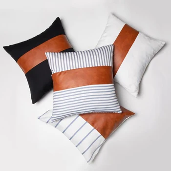 

Hot Sale PU Leather Pillow Canvas Stripe Stitching Pillow Sofa Cushion New Modern Minimalist Style Living Room Pillow Cushion