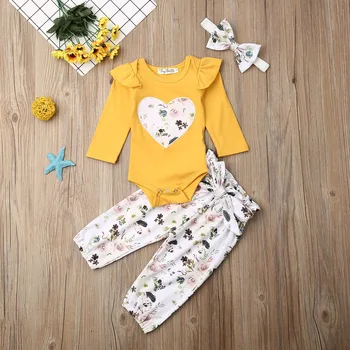 

Pudcoco Autumn Newborn Baby Girl Clothes Fly Sleeve Love Flower Print Romper Tops Long Pants Headband 3Pcs Outfits Clothes