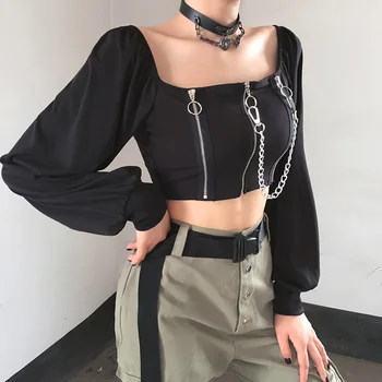 

Fashion Solid Color Chain Women T Shirt Crop Tee Square Neck Zipper Lady Pullovers Crop Top Sexy Spring Lady T Shirts