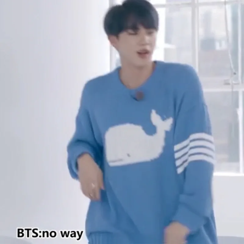 JIN Sky Blue Cute Cartoon Whale Sweater Long Sleeve Pullovers Winter Top  Loose 김석진 Same Knitwear Sweater Casual Outwear Fall New