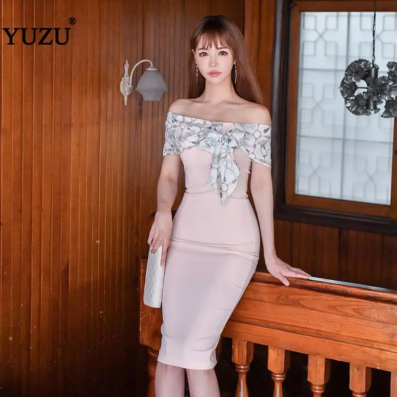 

Sexy Women Off Shoulder Midi Bodycon Dress Summer 2020 Office Printed Scarf Patchwork Short Sleeve Knee-length Slash Neck Dress
