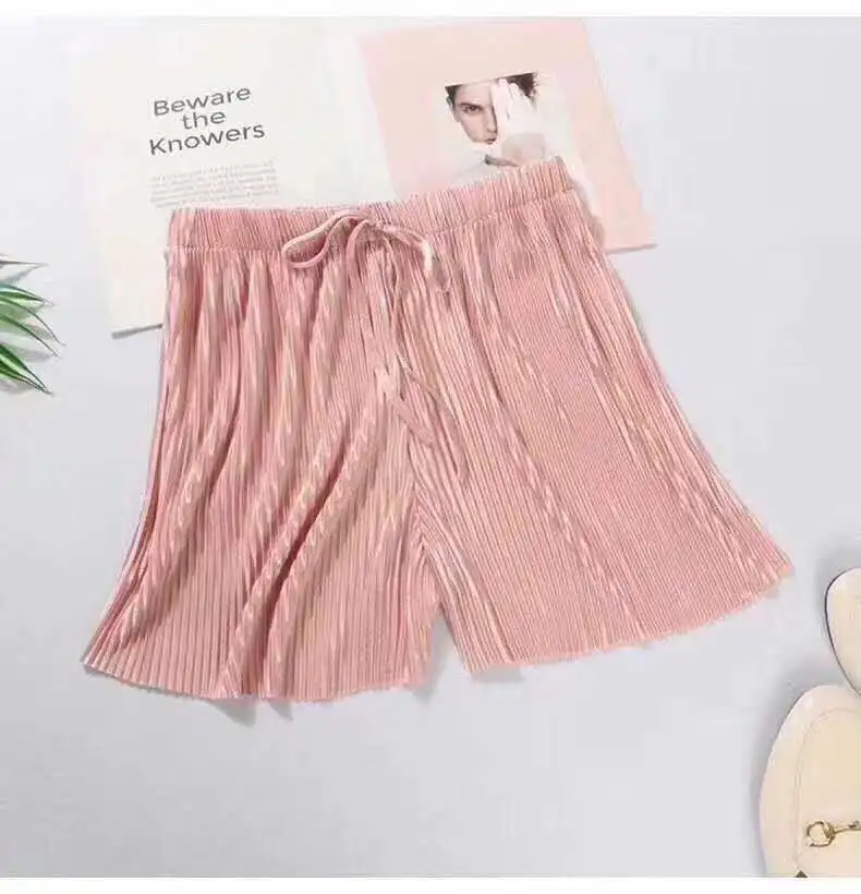 Summer women's ice silk pleated chiffon wide-leg shorts Casual Elastic High Waist Shorts Boho Beach Trousers girls Short