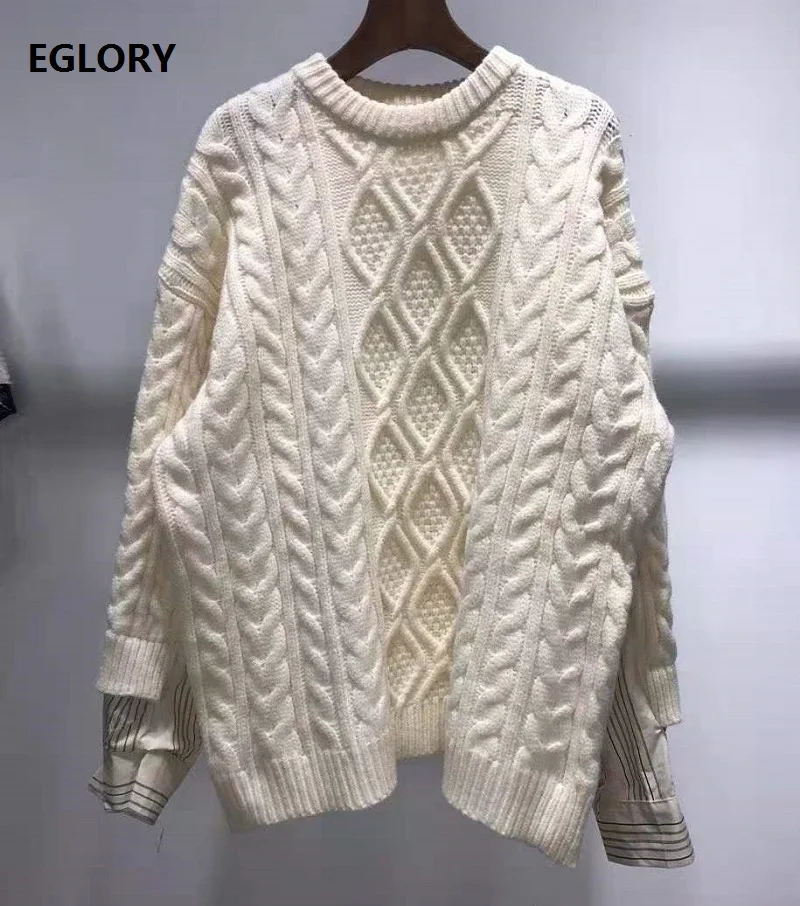 

New Korean Style Sweater 2020 Autumn Winter Tops Women Stiped Print Twist Knitting Patchwork Long Sleeve Casual Loose Sweaters