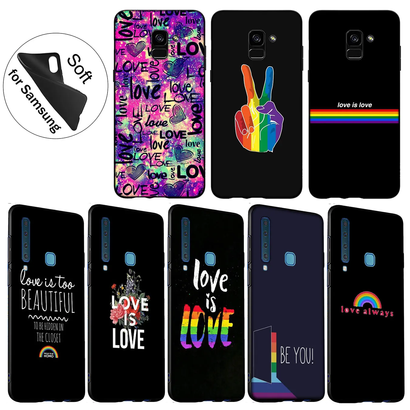 IYICAO Love Is LGBT Rainbow Heart Soft Silicone Case for Samsung Galaxy J8 J7 Duo J6 J4 Plus A2 Core Prime 2018 Black Cover |