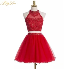 Красное короткое платье для выпускного вечера с аппликацией из бисера Вечеринка платье с лямкой на шее на спине в Бисер талии Встреча выпускников/корпоративы Выпускной платье