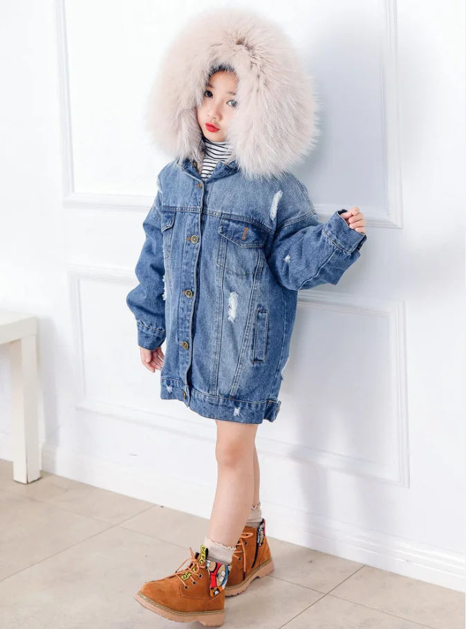 OFTBUY/ г. Зимнее пальто с натуральным мехом енота, воротник из натурального меха кролика Рекс, подкладка из денима, парка плотная теплая одежда для девочек