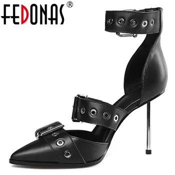 

FEDONAS Spring Summer New Genuine Leather Women Pumps Buckle Rivets High Heels Night Club Shoes Woman Punk Band Female Sandals