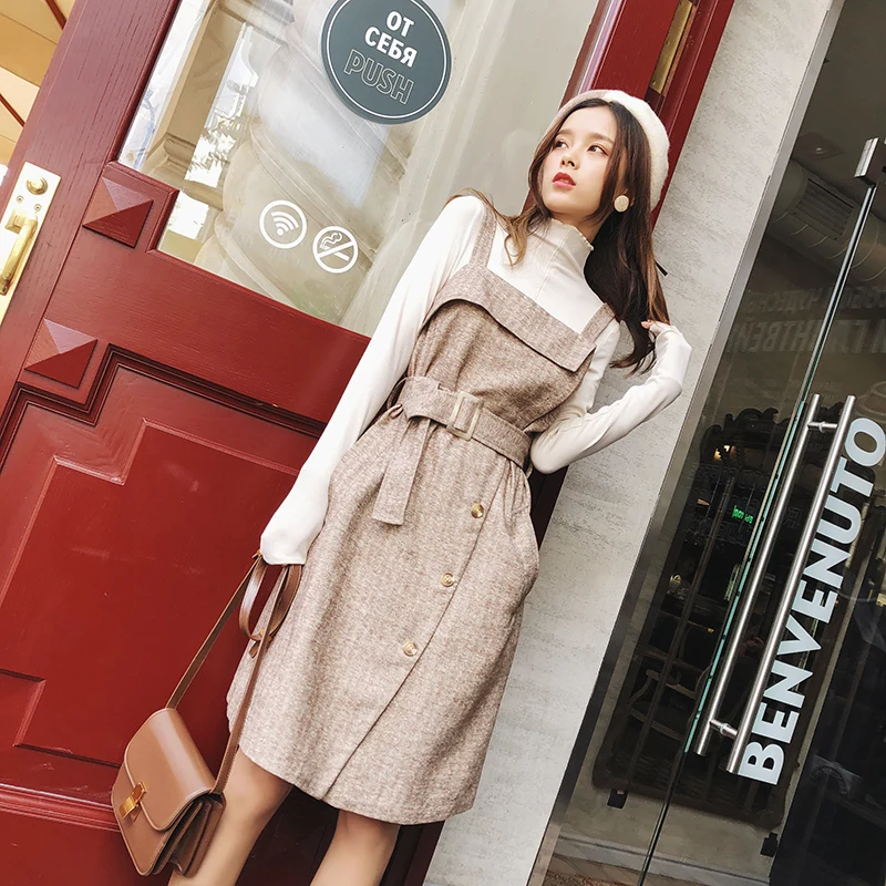 

MISHOW 2019 autumn winter new Camisole dress for women causal slim fit with pocket Khaki knee-length dress MX18D1059