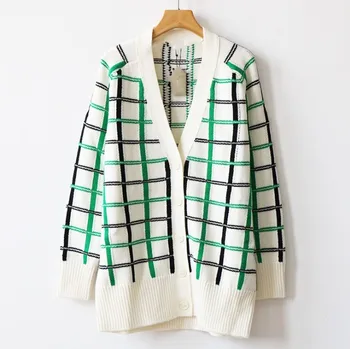 

2019 fall and winter new hit the color plaid women V neck cardigans coat