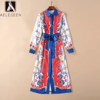 

AELESEEN Runway Fashion Women Dress 2020 High Quality Spring Elegant Dress Flower Print Party Holiday Shirt Long Dress Vestidos
