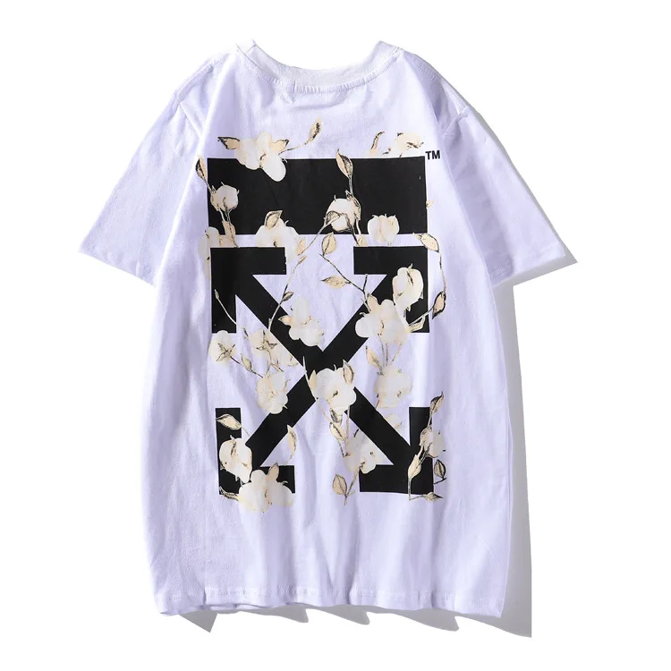 OFF-WHITE OW Цветочная полосатая футболка с короткими рукавами белая хлопковая парная свободная Мужская футболка с буквенным принтом