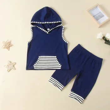 

2020 Summer Baby Boys' Sets Striped Solid Color Hooded Casual Vest and Pant