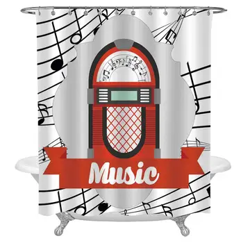 

Jukebox Shower Curtain Set,Old Vintage Music Radio Box Cartoon Image with Notes Artwork Print Waterproof Fabric Bathroom