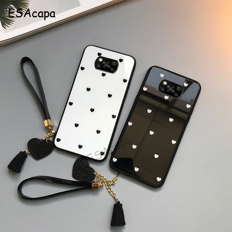Love Heart Tempered Glass Phone Case For Xiaomi POCO X3 NFC M3 Redmi Note 9T 9S 9 Power 9 Pro Max Mi 10T Lite Lanyard Cover