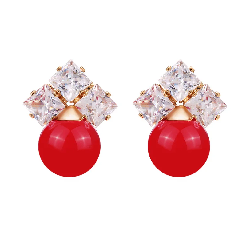

2019 Korean Trendy Crystal Earrings White Red Round Ball Stud Earrings for Women Fashion Jewelry Bijoux Brincos Oorbellen Aretes De Mujer