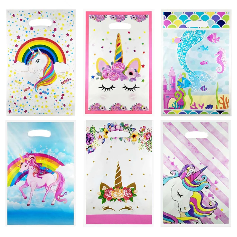 Bolsas de regalo de plástico con forma de unicornio para niños, bolsas desechables con diseño de flamenco, para regalo de cumpleaños, regalo temático, decoración de boda, 20 Uds.