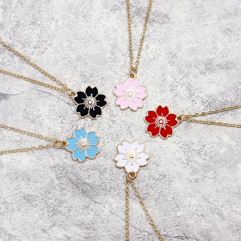 Romantic Cherry Blossom Sakura Pendant Necklace Black Pink White Blue Red 5  colors Cherry Flower Necklace Jewelry for Women Gift - AliExpress
