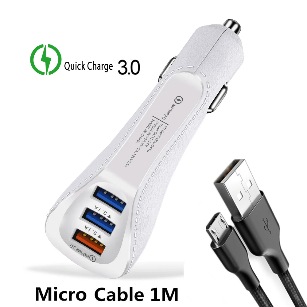 White Micro Cable Автомобильное зарядное устройство Quick Charge 3,0, зарядное устройство для мобильного телефона s, 3 порта, Быстрая автомобильная зарядка для iphone, samsung, huawei, Xiaomi, планшета, USB зарядное устройство s - Тип штекера: White Micro Cable