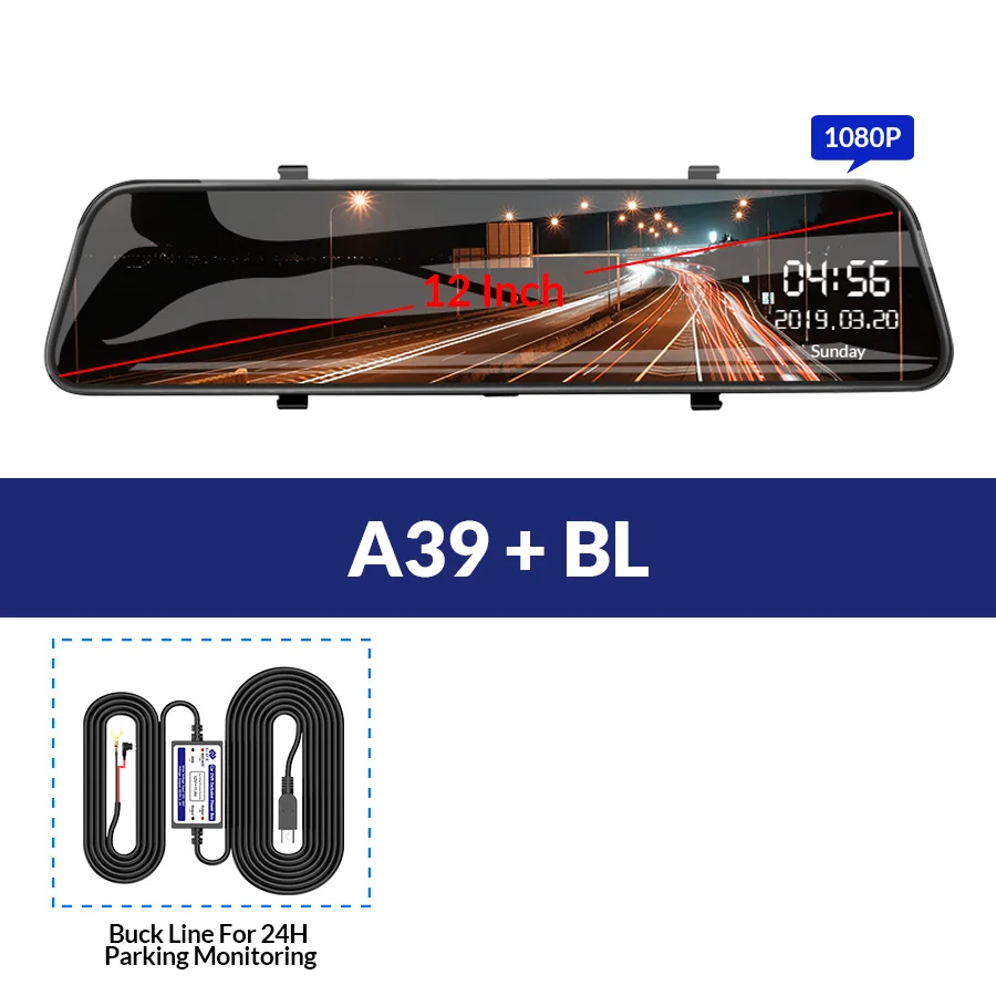 E-ACE A39 12 дюймов сенсорный автомобильный видеорегистратор потоковое зеркало заднего вида Dash камера FHD 1080P видео рекордер двойной объектив с камерой заднего вида - Название цвета: A39-BL