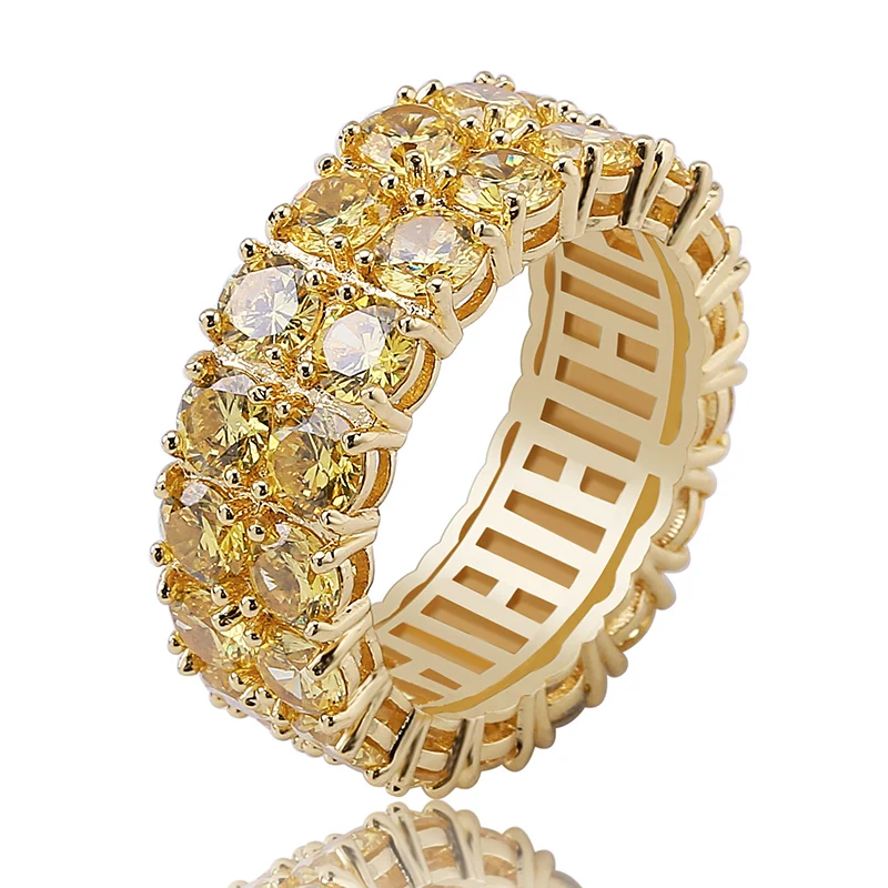Хип хоп Bling Iced Out 2 ряда желтый CZ камень теннис золотые кольца для мужчин и женщин рэппер ювелирные изделия - Цвет основного камня: Gold