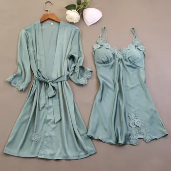 

2PCS Nighty&Robe Suit Sleepwear Female Kimono Bathrobe Gown Intimate Lingerie Sexy Home Dressing Gown Casual Nightwear Homewear