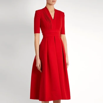 

Gedivoen Women Solid Red Summer Dress Fashion Designer V Neck Draped A Line Party Dress Elegant Lady Knee Length Dresses