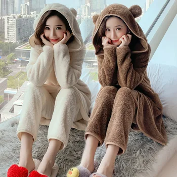 

Flannel Sweet Home Suit Cute Bear Ear Hooded Warm Pajamas for Women Pijamas Mujer Invierno Sleepwear Set Pyjamas Women Homewear