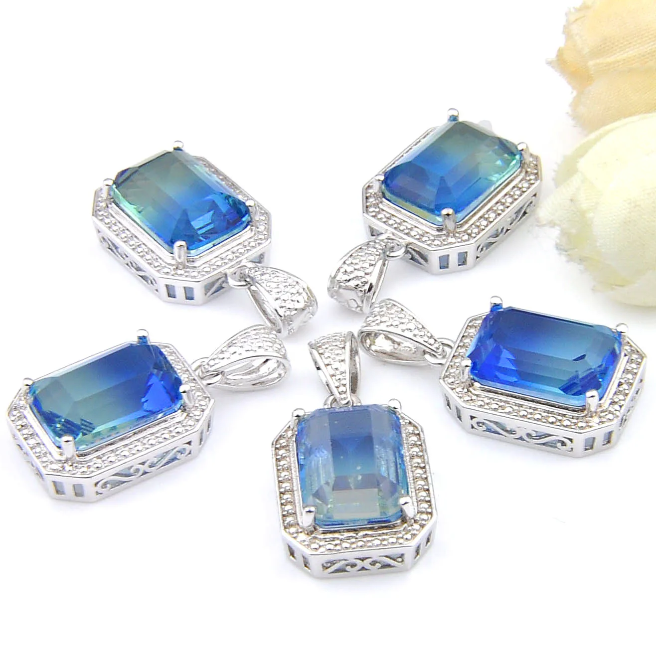 MIX 5 PCS Xmas Gifts Big Offer Shine Square Blue Bi-Colored Tourmaline Silver Necklaces Pendants for Holiday Party Gifts