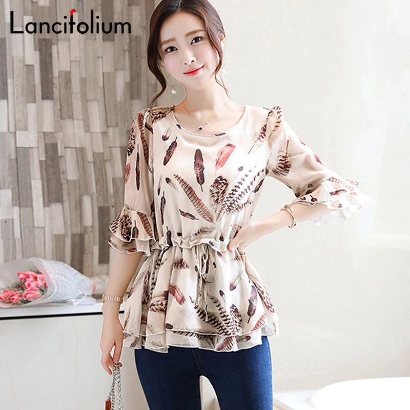 Floral Chiffon Blouse Women Summer Korean Ruffle Peplum Top Ladies 2020 Elegant Plus Size Office Shirt Female Camisas Femininas 2
