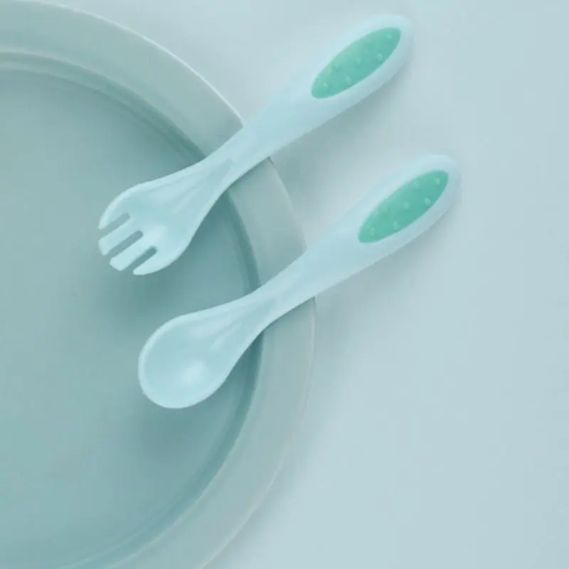 Cute Infant Baby Silicone PP Material Feeding Spoon And Frok Sets Solid Color Soft High Quality Utensils Kids Learning Tableware